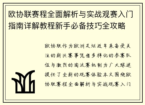 欧协联赛程全面解析与实战观赛入门指南详解教程新手必备技巧全攻略 欧协联赛程全面解析与实战观赛入门指南详解教程新手必备技巧全攻略
